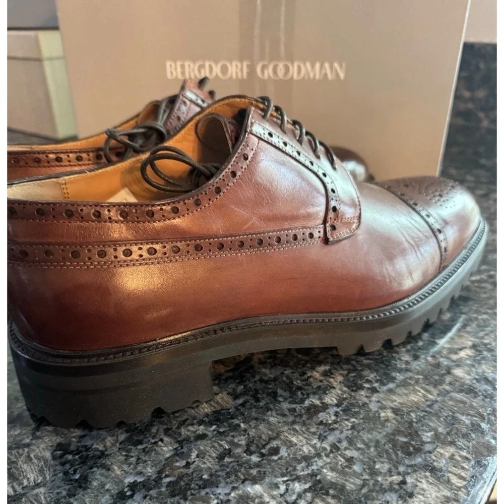 Bergdorf Goodman Venezia Red Brown Leather Brogue Cap Toe Lug Sole Shoes 43 10